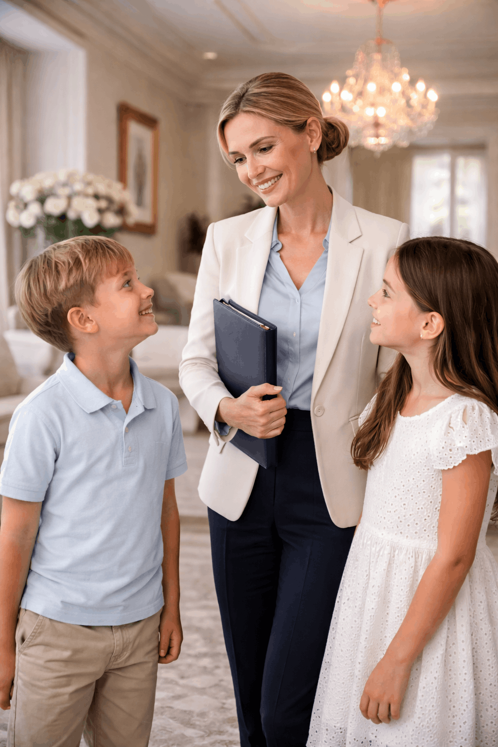 A professional governess working confidently within a high-profile household setting.