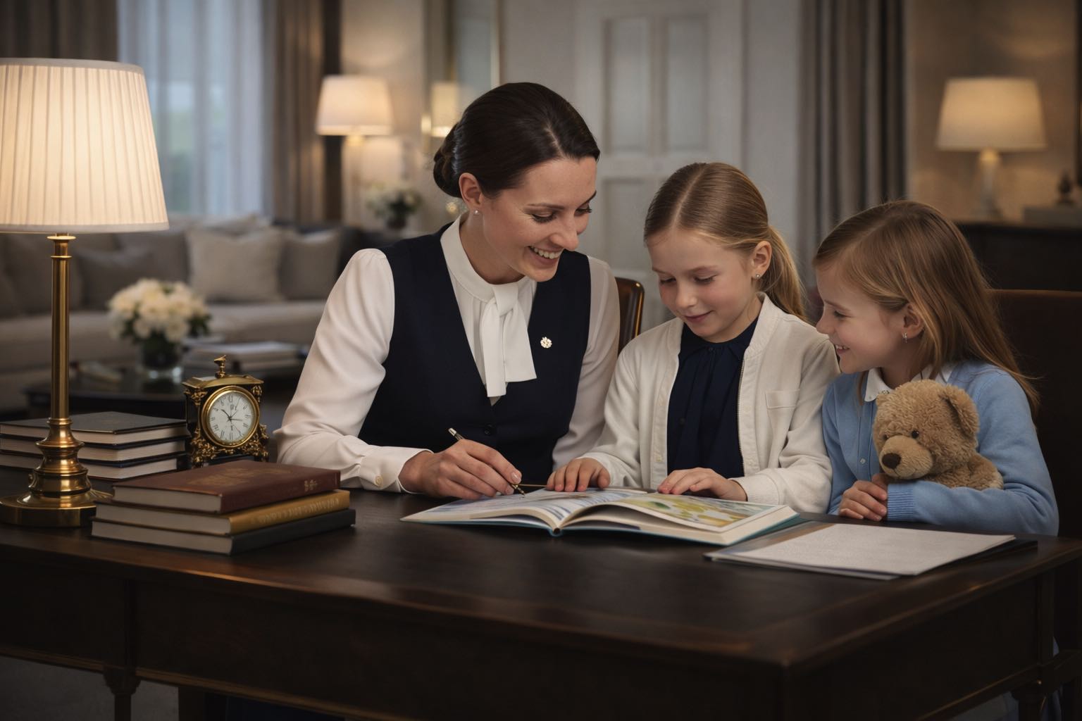 Governess teaching children in a luxury home, illustrating the difference between a governess, nanny and tutor in a high-end household